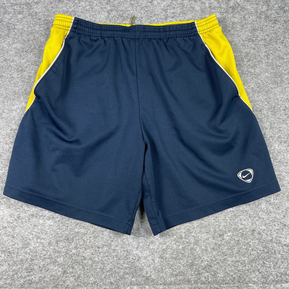 Vintage Nike Shorts Mens Medium Blue Yellow Soccer Training Silver Tag Y2K